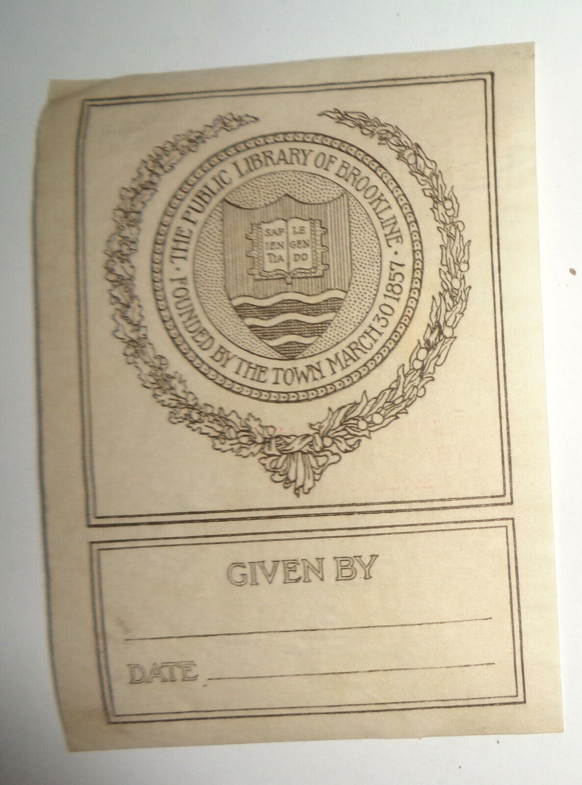 The Public Library of Brookline, Ex Libris Bookplate - circa 1900