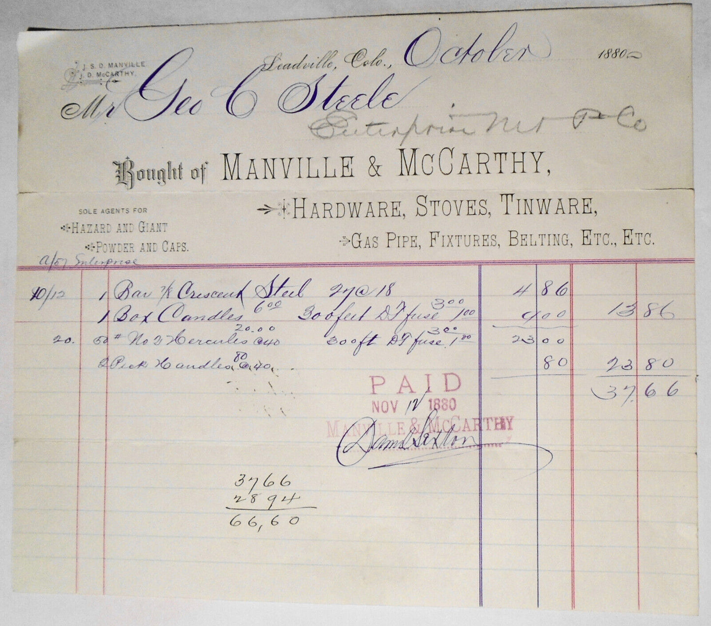 1880 Manville & McCarthy, Hardware... Billhead receipt , Leadville Colorado
