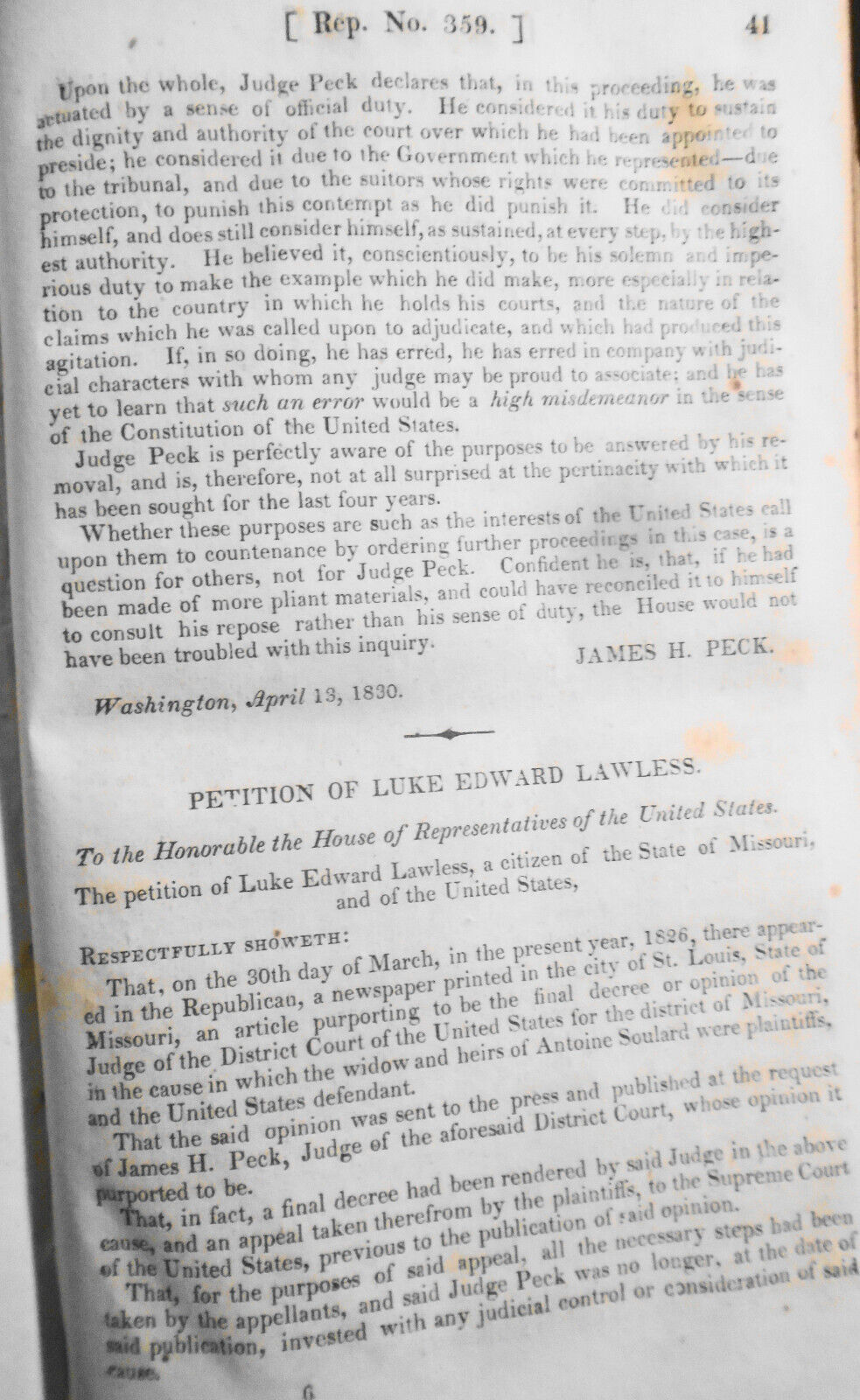 1830 Letter from James H. Peck... explanation in answer to charges [Impeachment]