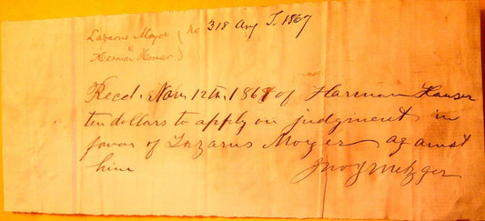 1867 Handwritten court receipt for payment of judgement