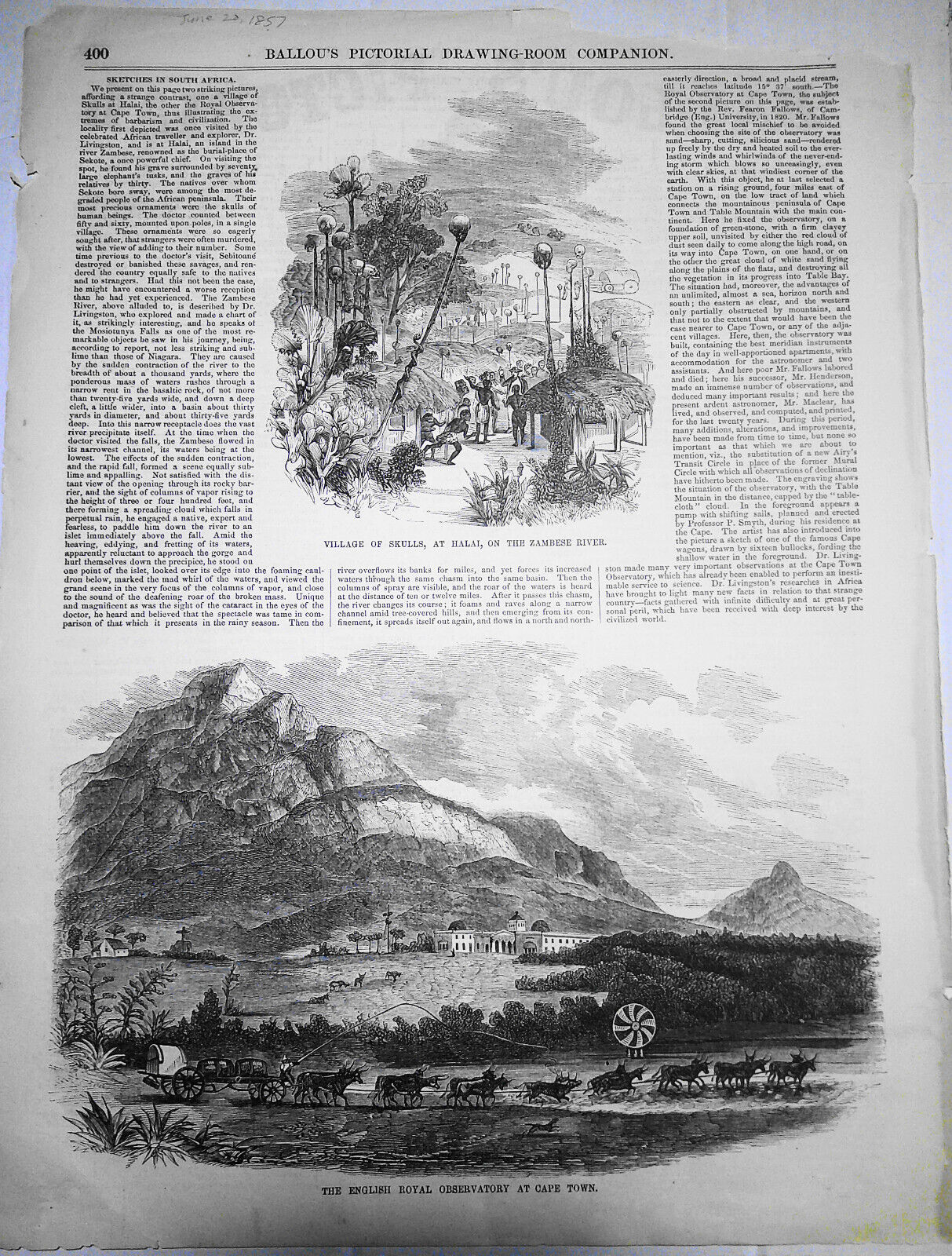 Village of Skulls & Royal Observatory, in South Africa - Ballou's Pictorial 1857