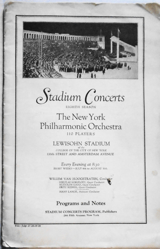 Stadium Concerts - New York Philharmonic, 1925 Program. Nikolai Sokoloff