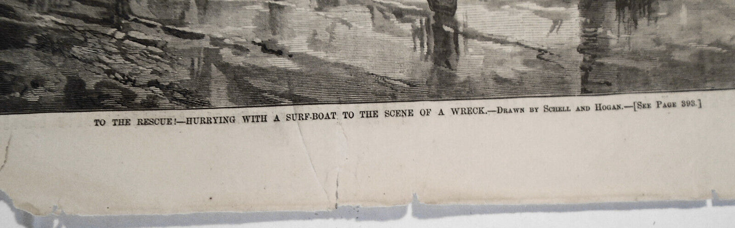 To The Rescue! Hurrying With A Surf-boat To Scene Of Wreck. Harper's Weekly 1877