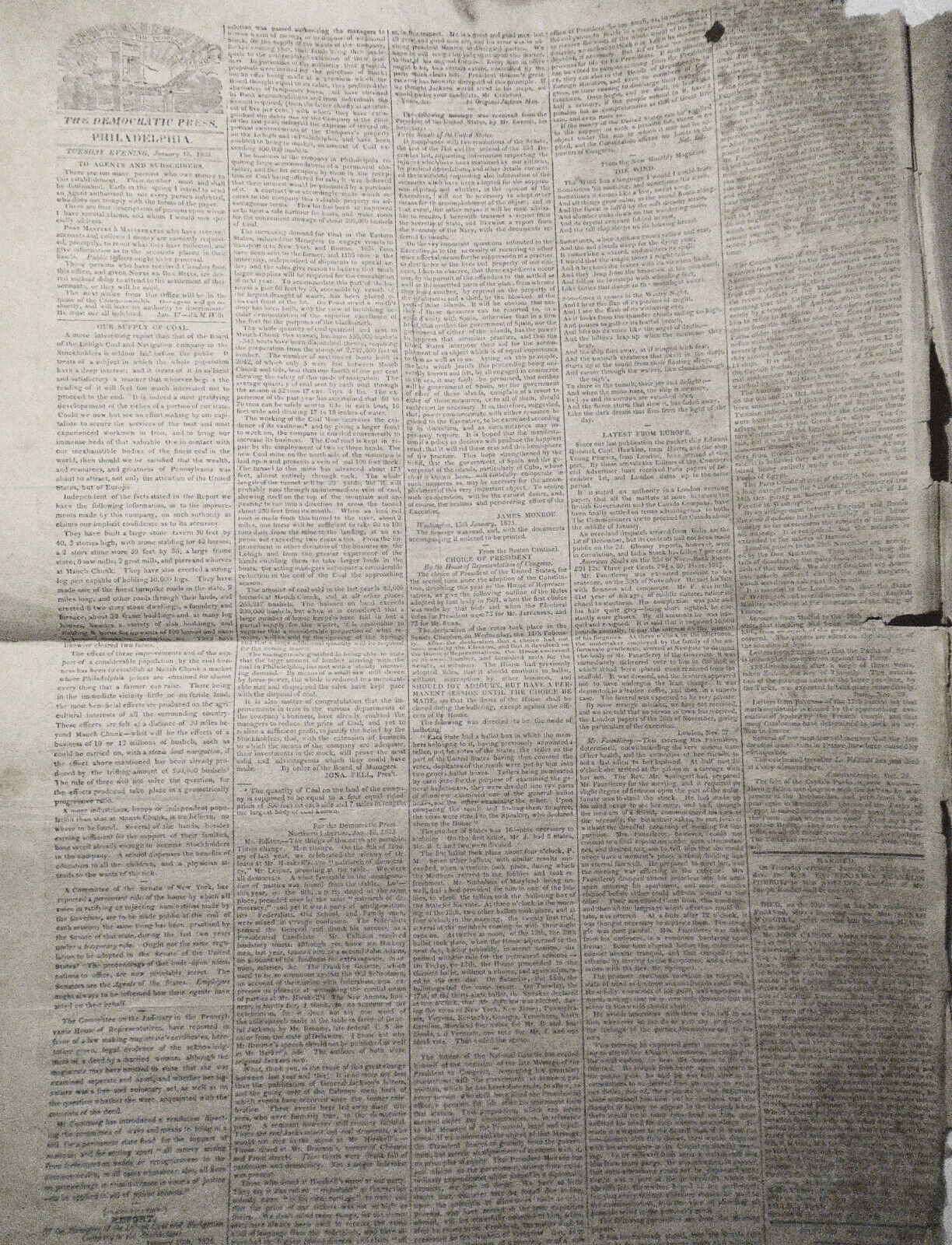 The Democratic Press,  January 18, 1825. Coal supply; Jefferson's 36 ballots etc