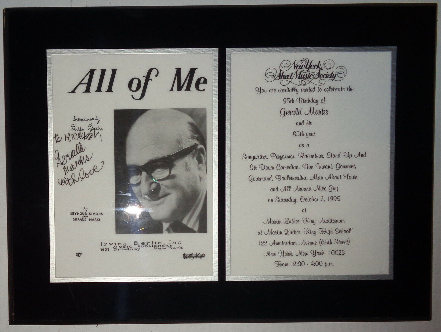 Gerald Marks Signed / inscribed plaque, "All Of Me" composer 95th birthday 1995