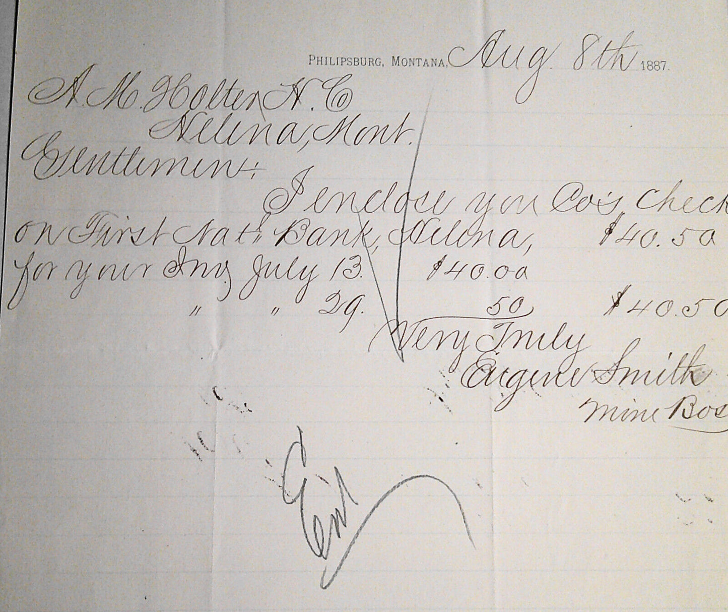 1887 San Francisco Consolidated Mining Co., Philipsburg MT handwritten letter