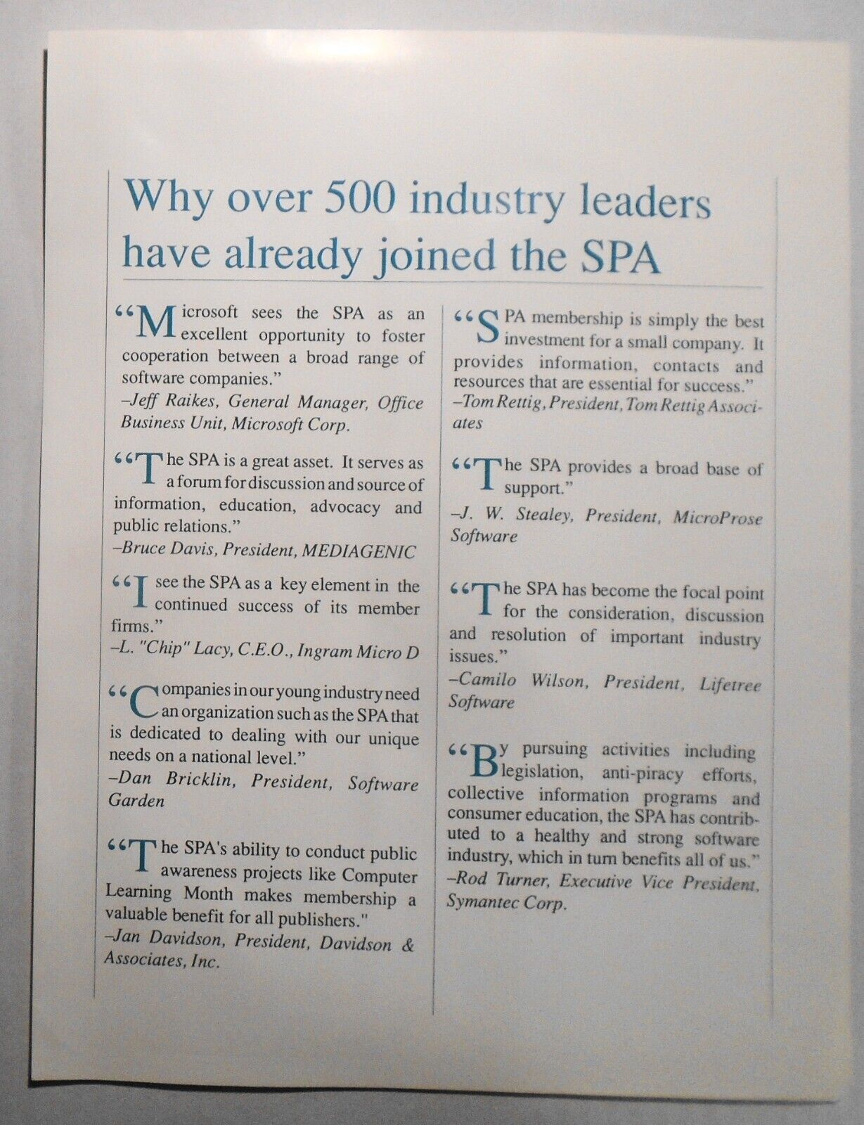 Software Publishers Association Membership Application and Literature - 1989