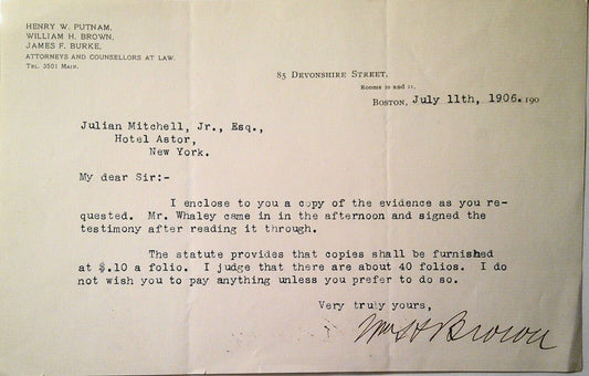 1906 Boston legal letter - Signed William H. Brown, to Julian Mitchell, Jr.