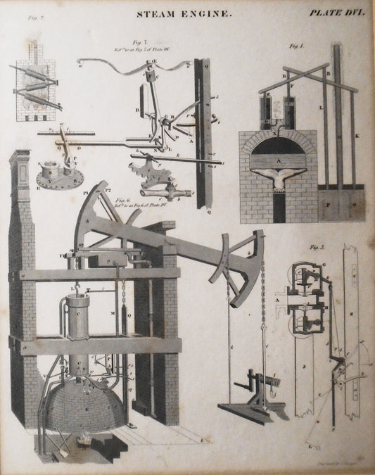 1832 STEAM ENGINE, engraved by Joseph Yeager - original antique print. Matted.