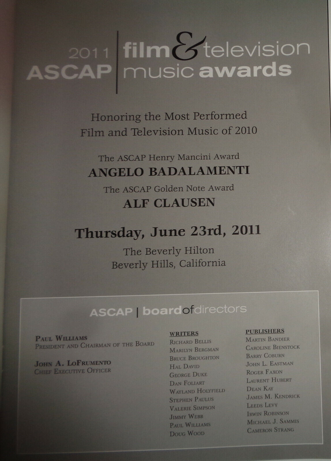 2011 ASCAP Film and Television Music Awards - Souvenir Program - Alf Clausen ..