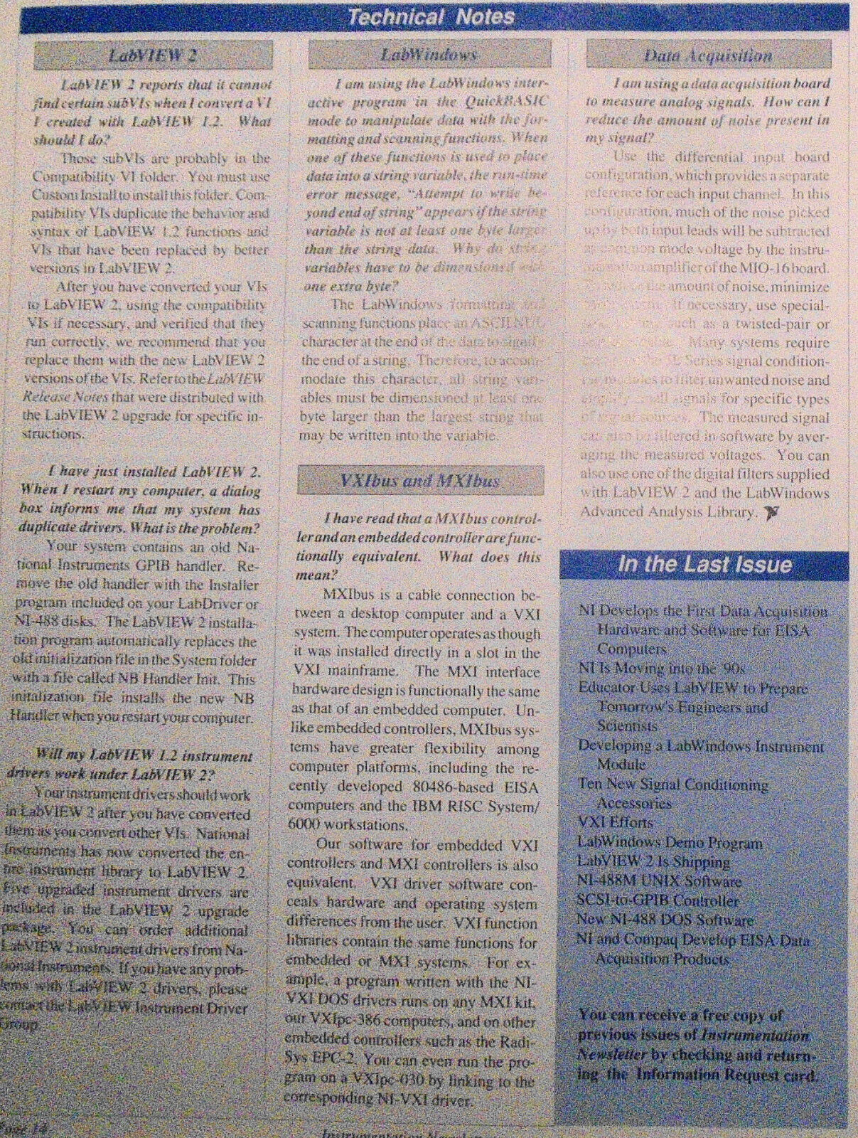 Instrumentation Newsletter, by National Instruments -  May 1990. LabVIEW 2, etc.