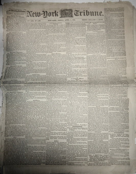 NEW YORK TRIBUNE - APRIL 1, 1864 - Civil War- Enlistment of Negro Troops.