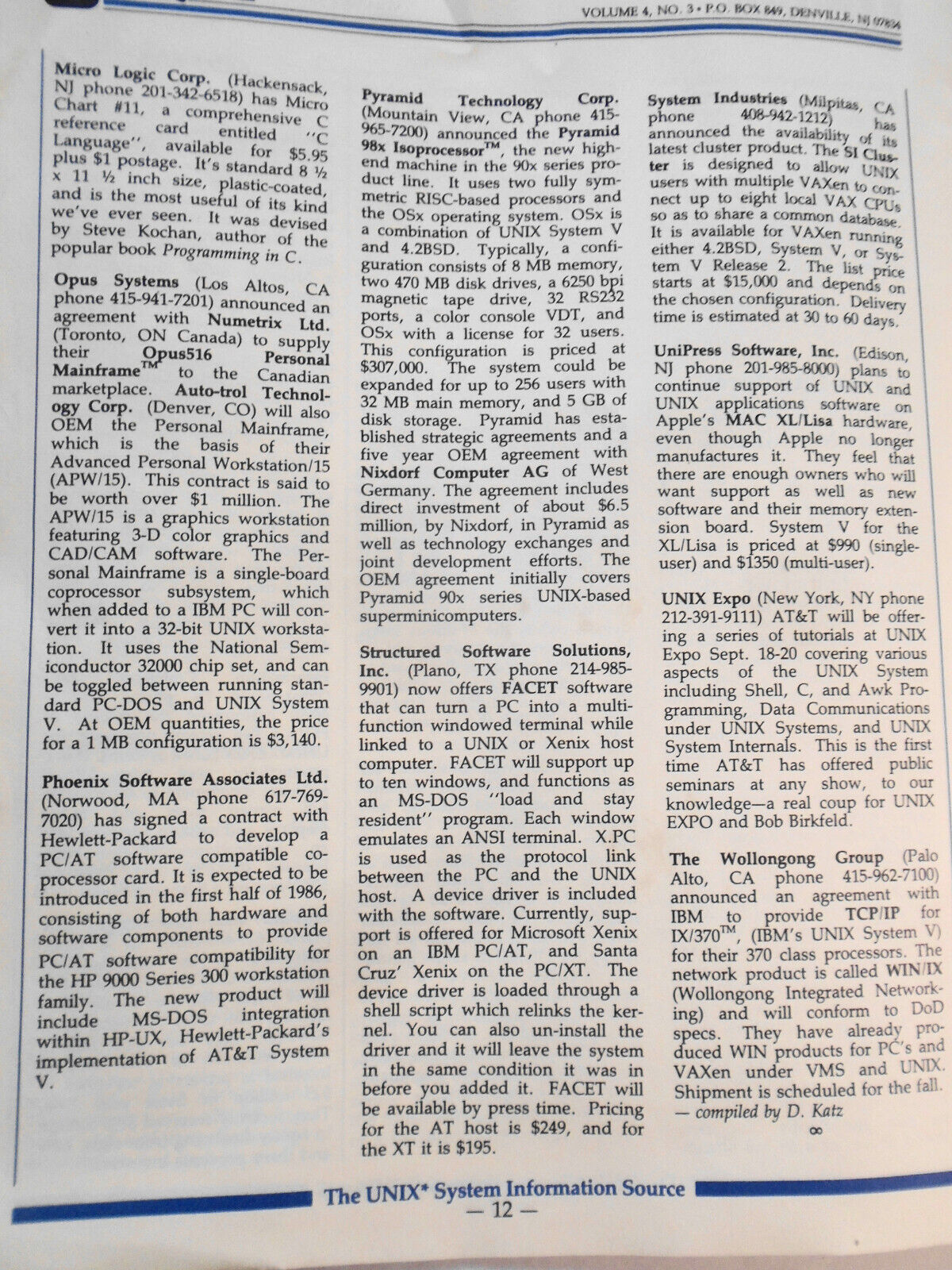 UNIQUE,  Vol. 4, No.  3, 1985 - The UNIX System Information Source