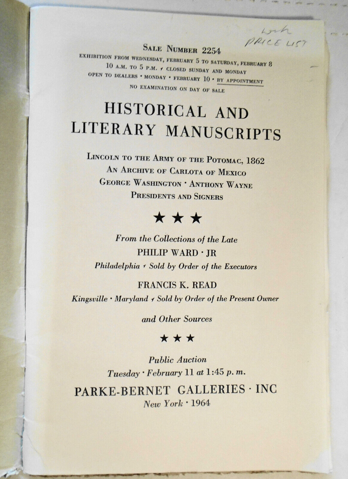 Historical & literary manuscripts: Lincoln to army of Potomac. Parke-Bernet 1964