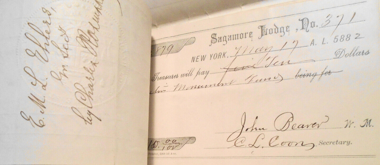 1882 Twenty-four original handwritten receipts - Masonic Sagamore Lodge New York