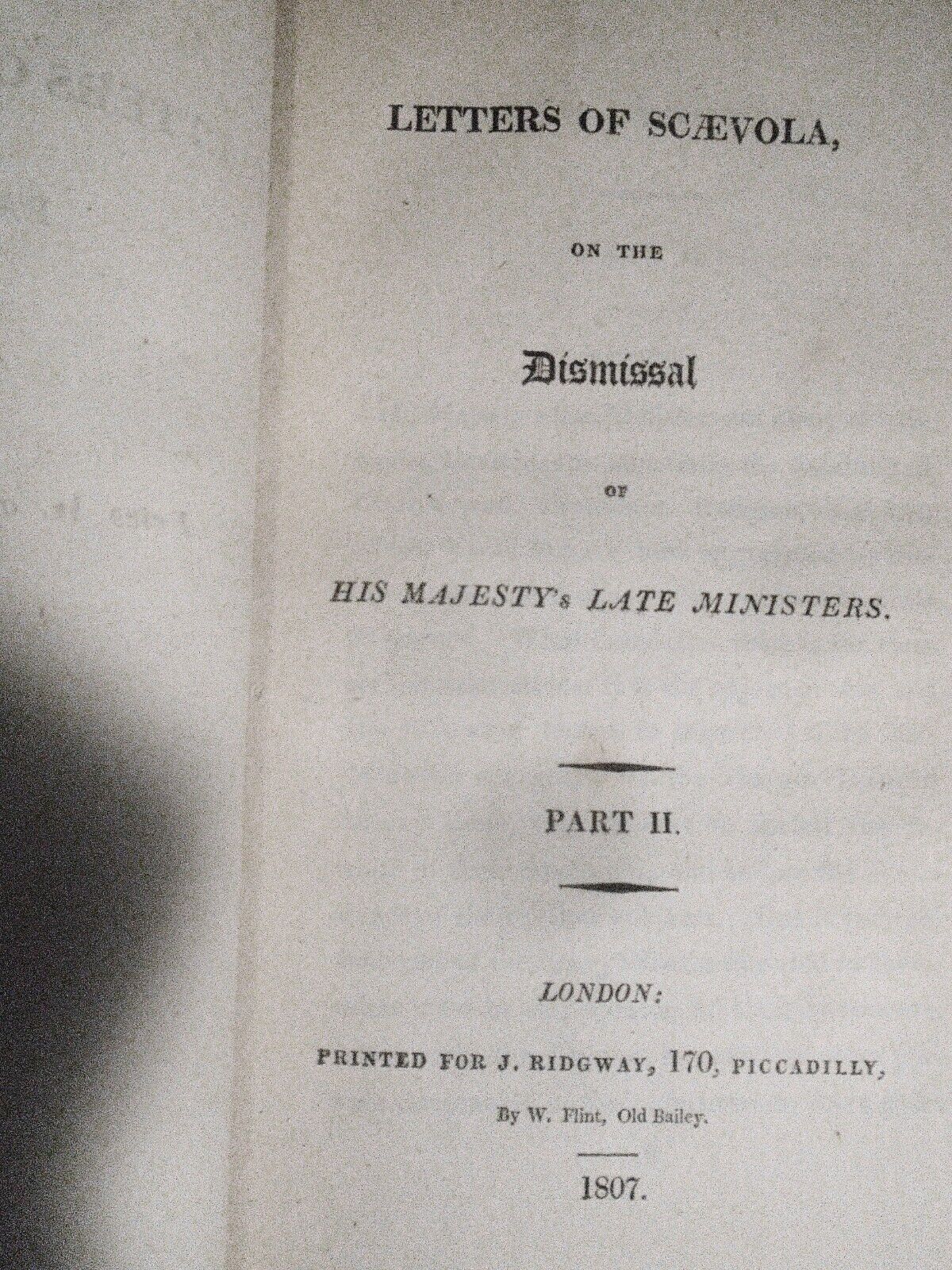 1807 Letters of Scaevola, on the Dismissal of His Majesty's Late Ministers, I&II