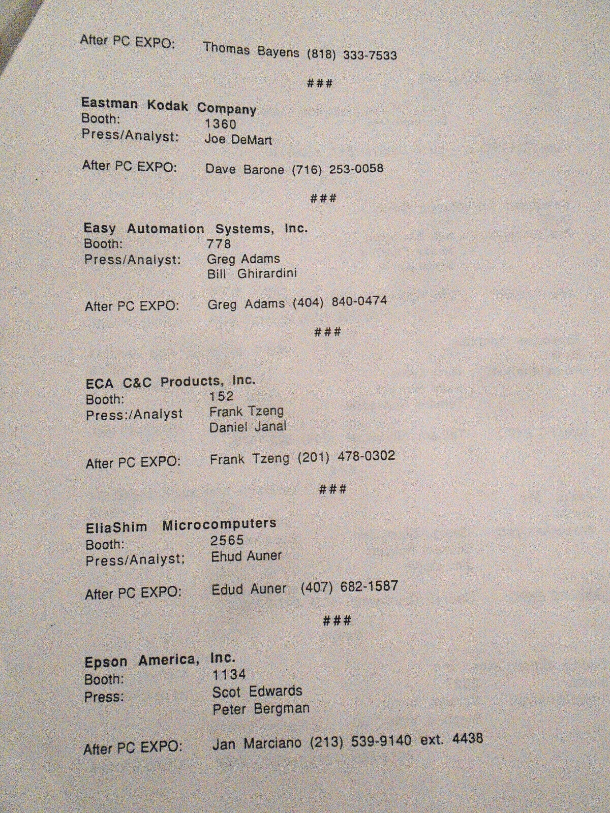 PC EXPO in New York 1990 Press/Analysts contact sheet