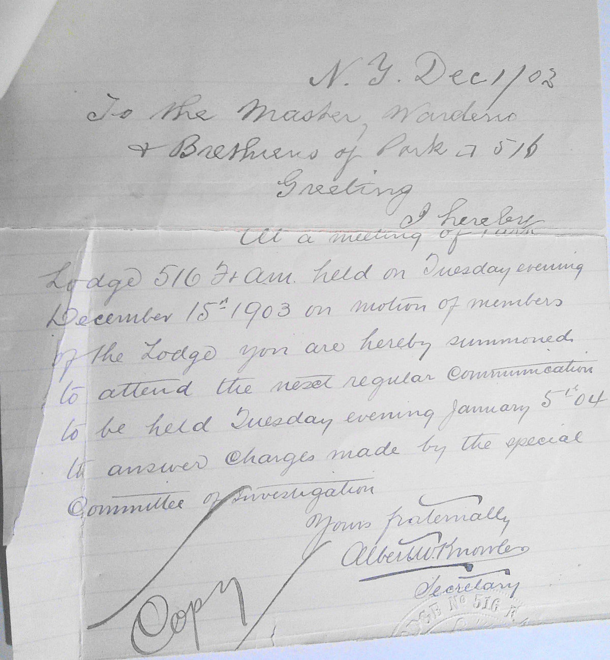 1904 Masonic archive, NYC - Trial & Expulsion of Secretary Sands for Fraud