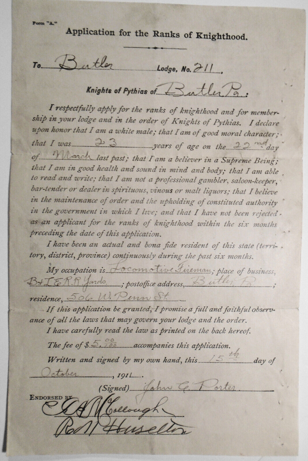 1911 Application for Ranks of Knighthood. Butler Lodge, Knights of Pythias, PA