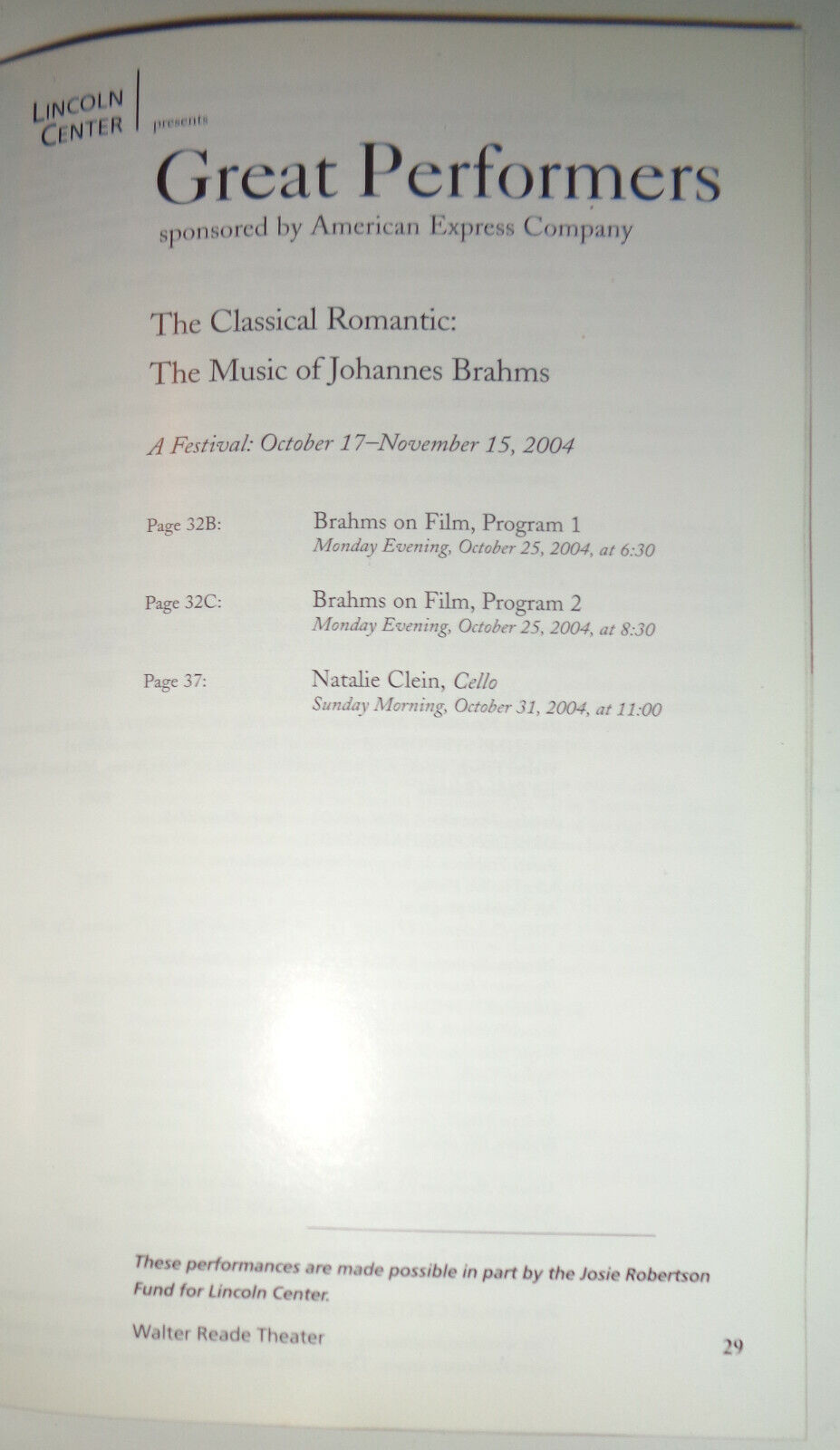 BRAHMS ON FILM: TOSCANINI AND KLEIBER - PLAYBILL - OCT 25, 2004 LINCOLN CENTER