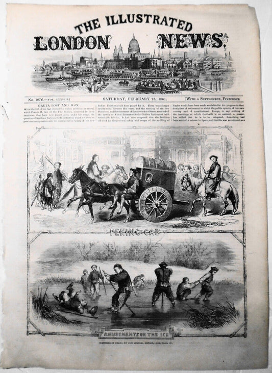 Sketches in China: Peking Car & Amusements on Ice - Illustrated London News 1861