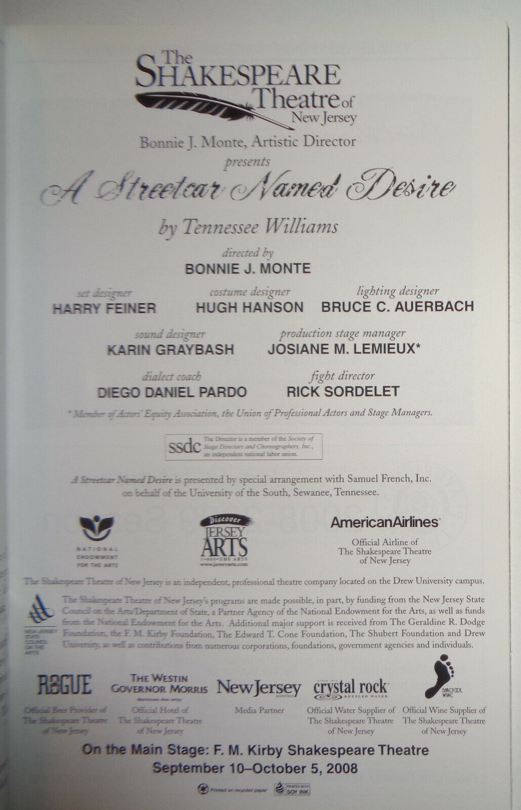 A STREETCAR NAMED DESIRE - SOUVENIR PROGRAM - 2008 SHAKESPEARE THEATRE OF NJ
