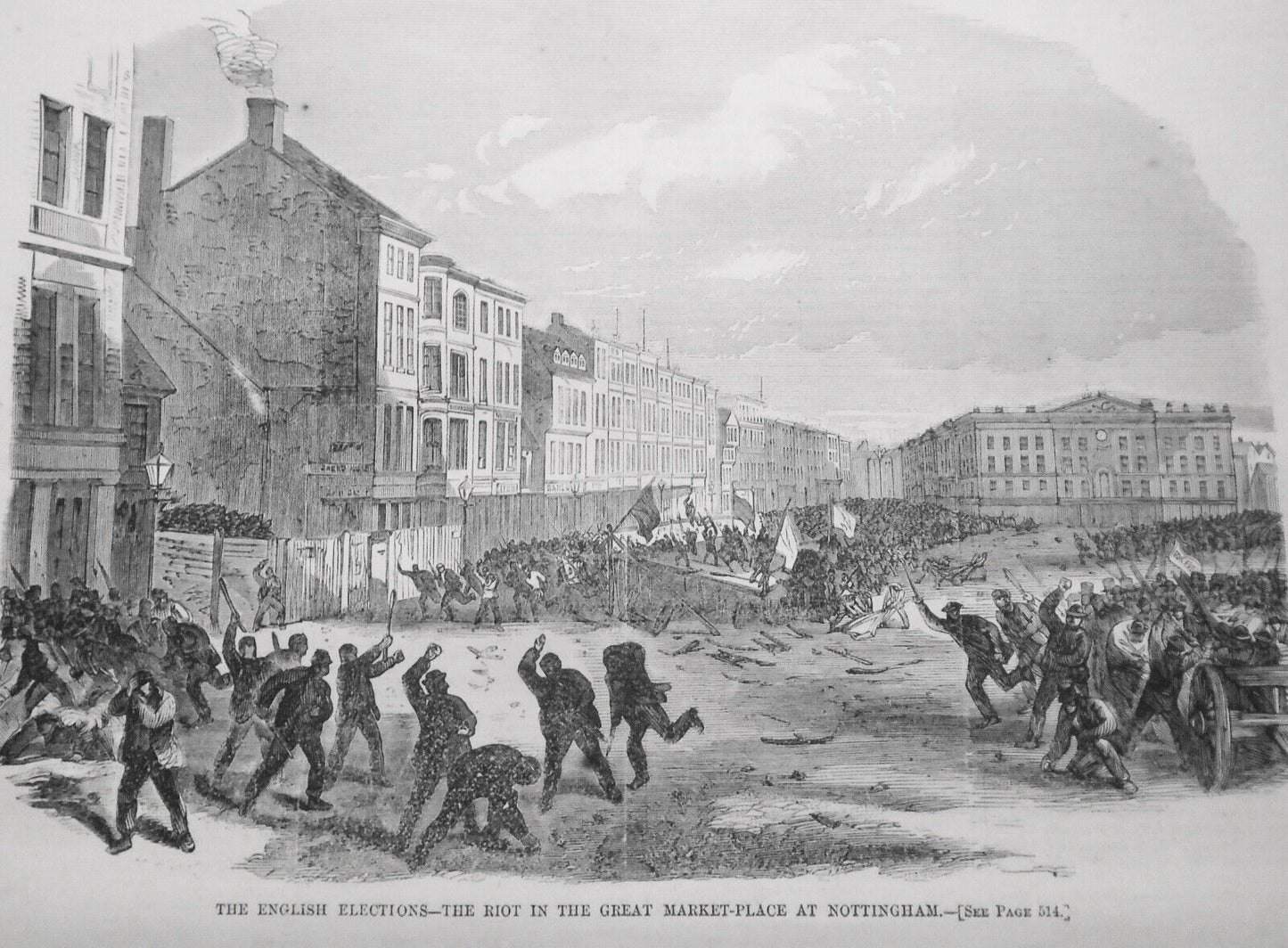 1865 The English Elections - 2 prints: Riot in Marketplace & Nominations