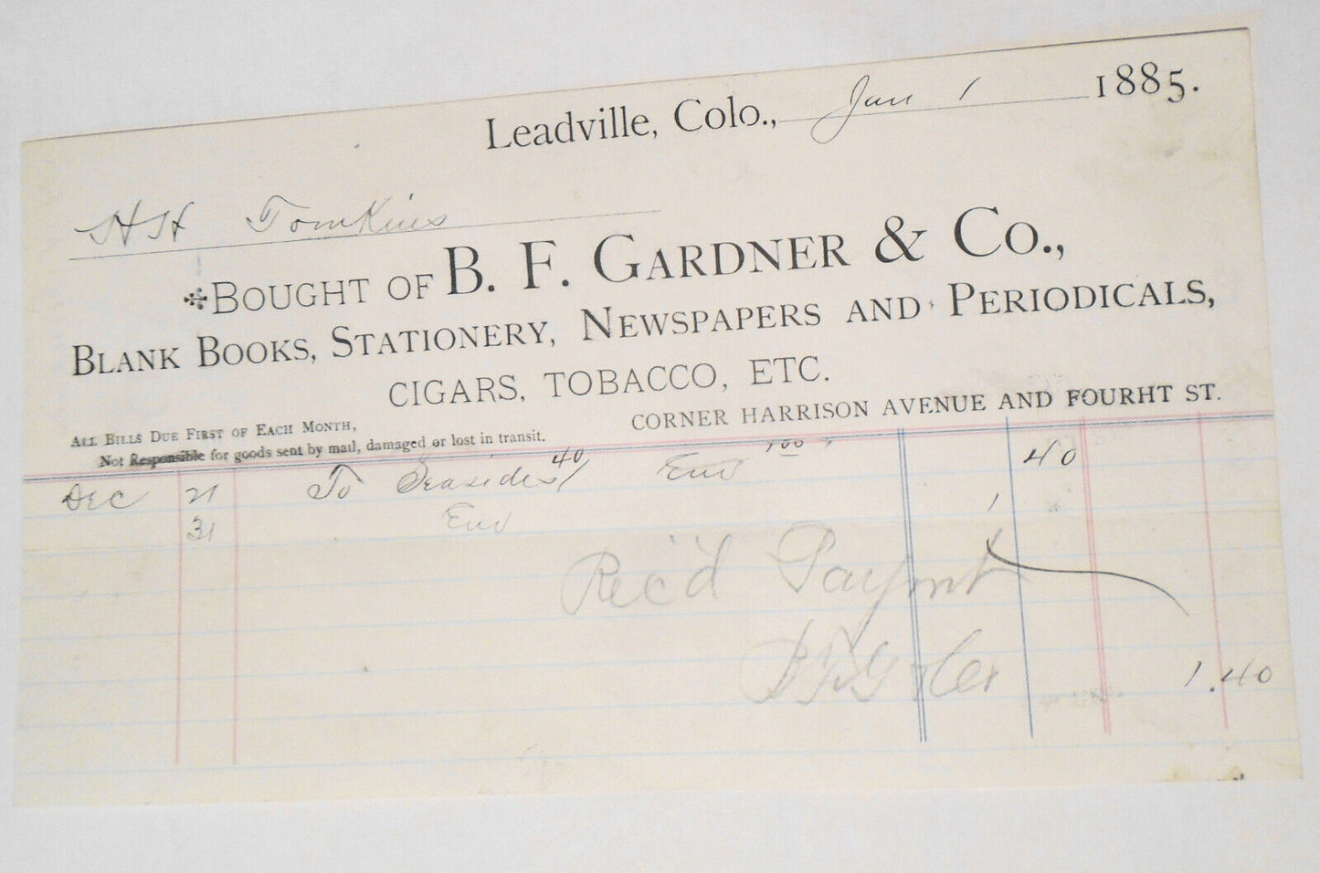 1889 Billhead receipt,  B. F. Gardner & Co., Stationery, etc  Leadville Colorado