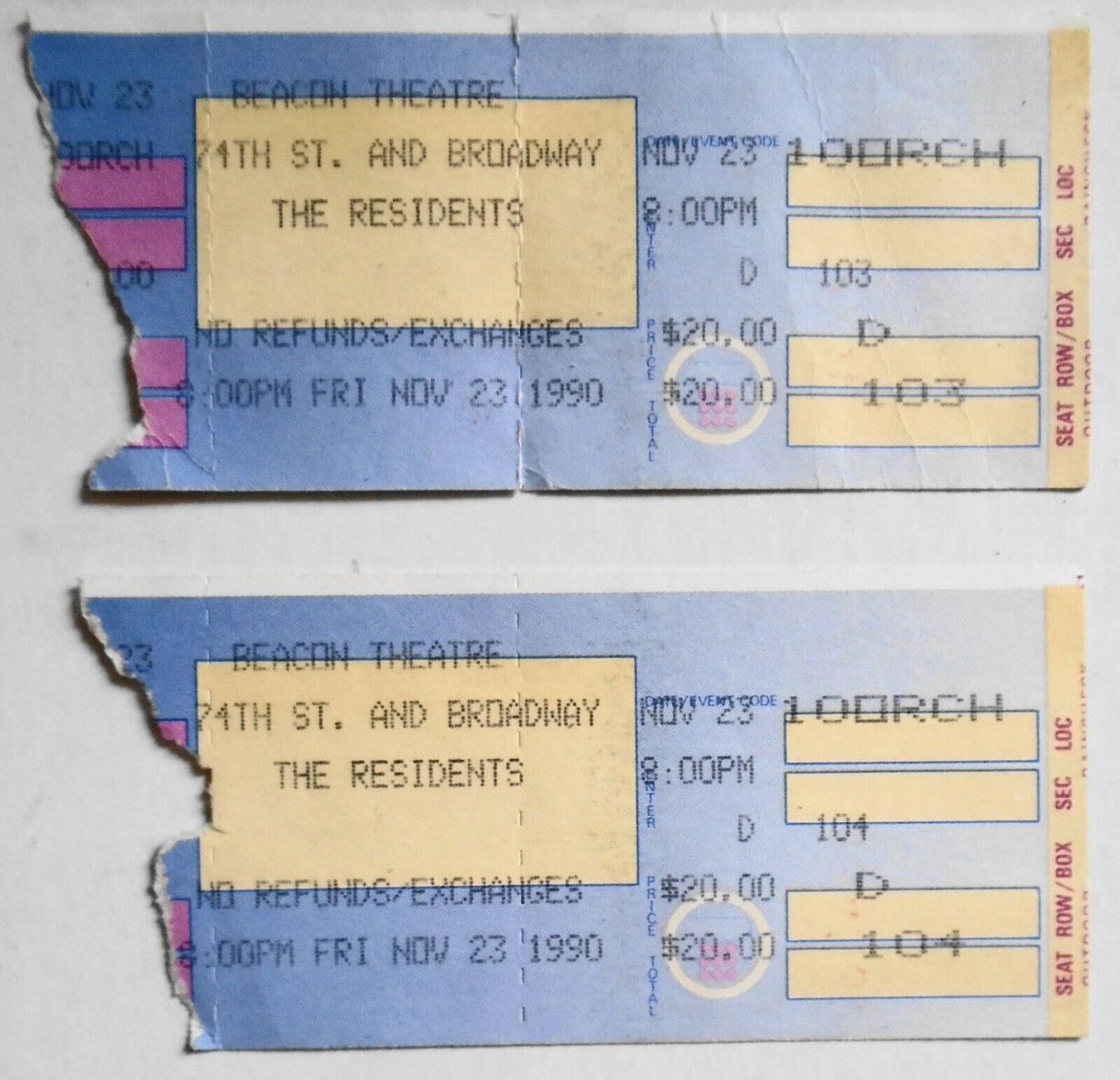 The Residents : 2 Ticket Stubs - Beacon Theater New York City, February 23, 1990