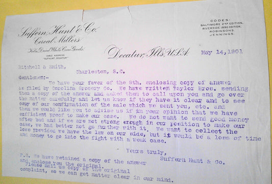 1901 Suffern, Hunt & Co Cereal Millers, Decatur IL: letter seeking legal opinion
