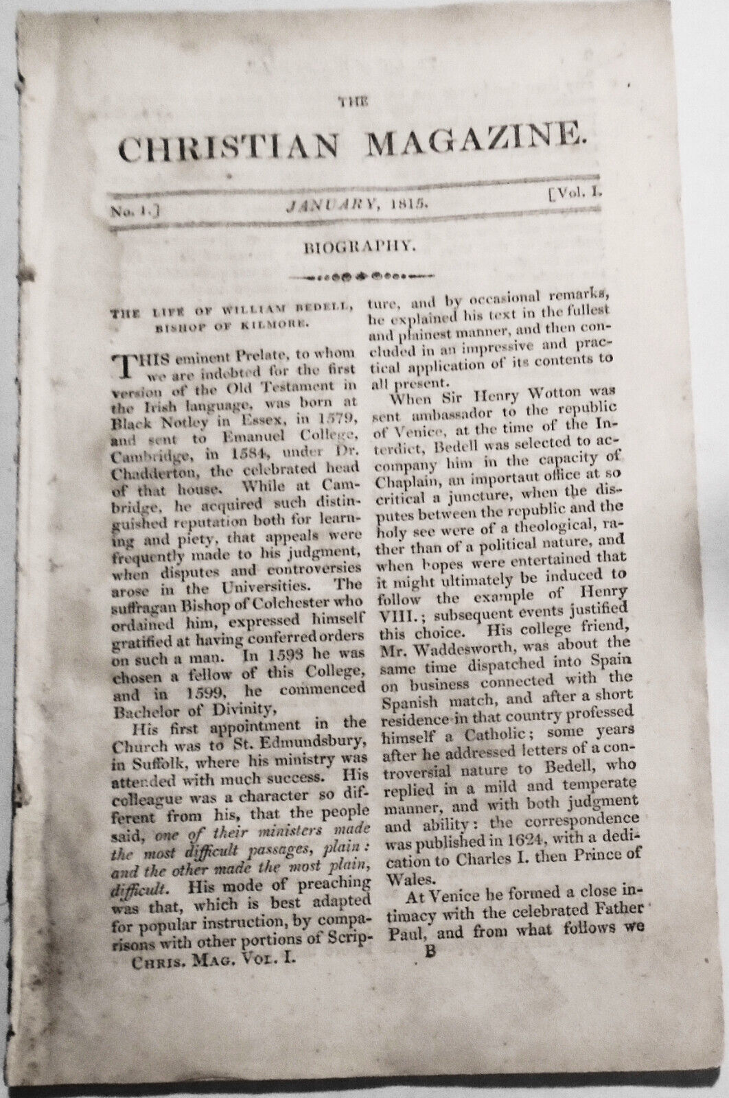 The Christian Magazine, January 1815 - Premiere Issue,  Vol. 1, No. 1. [Ireland]