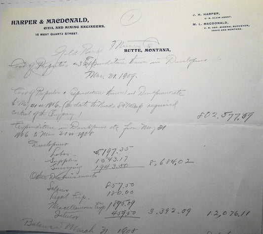 1909 Harper & MacDonald, Civil and Mining Engineers, Butte MT Financial Document