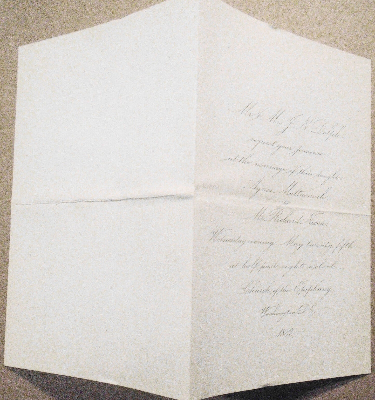 1887 Marriage: wedding and reception invitations: Richard Nixon and Agnes Dolph