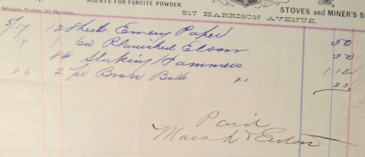 1886 Marsh & Eaton Hardware, Stoves, Miner's supplies receipt Leadville Colorado