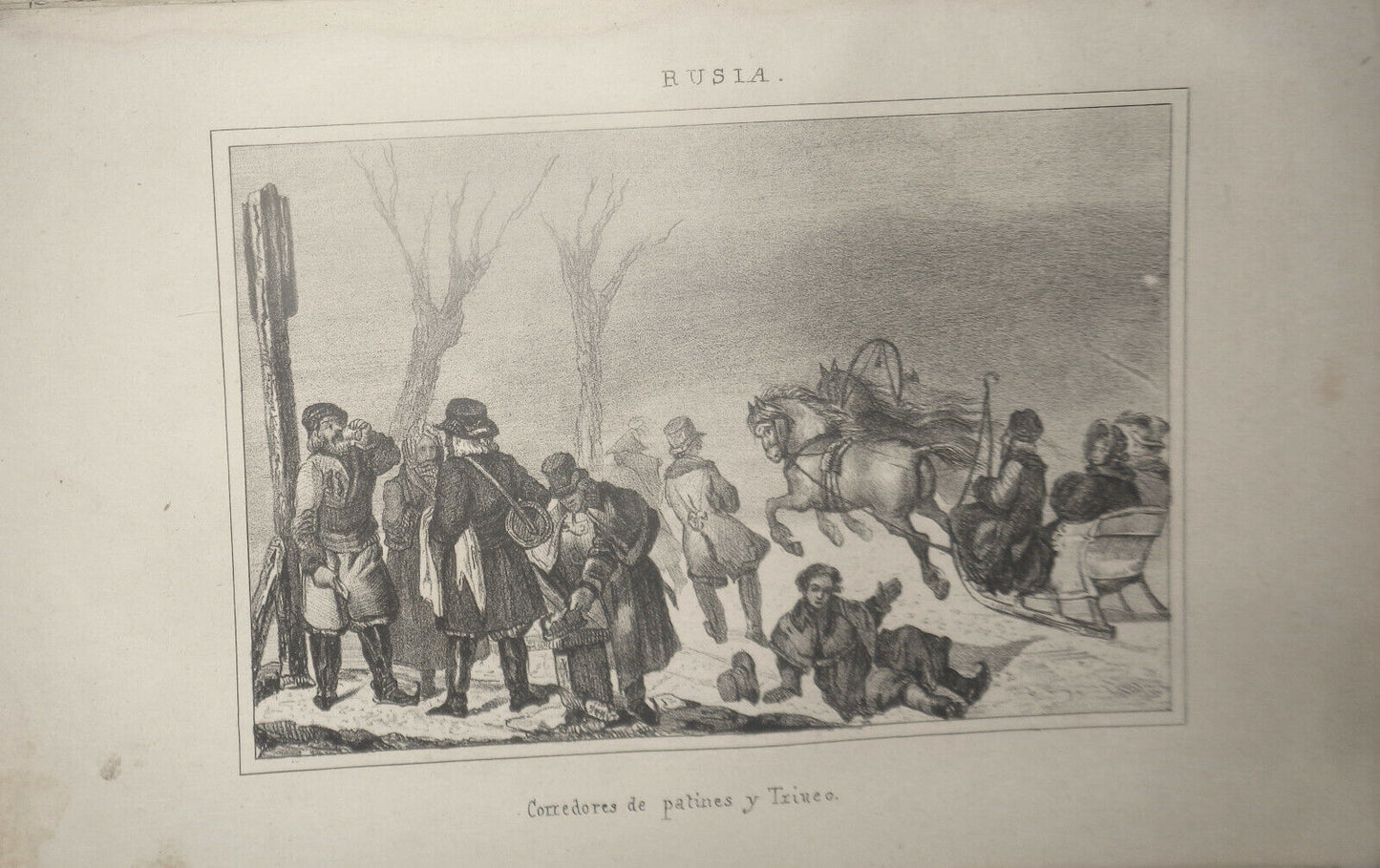 1840 Corredores de patines y Trineo - original engraving - Chopin : Rusia