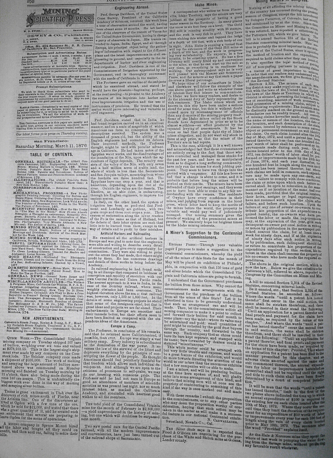 Mining and Scientific Press, March 11, 1876. Ballooning; Photo-lithography, etc