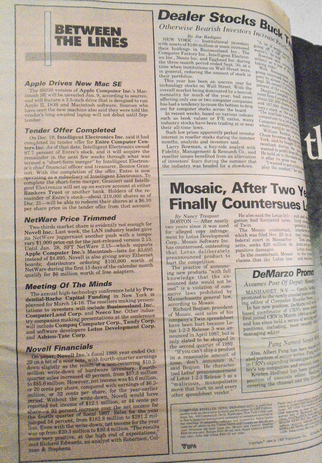 Computer Reseller News December 26, 1988 - Crawford leaves IBM for AT&T, etc