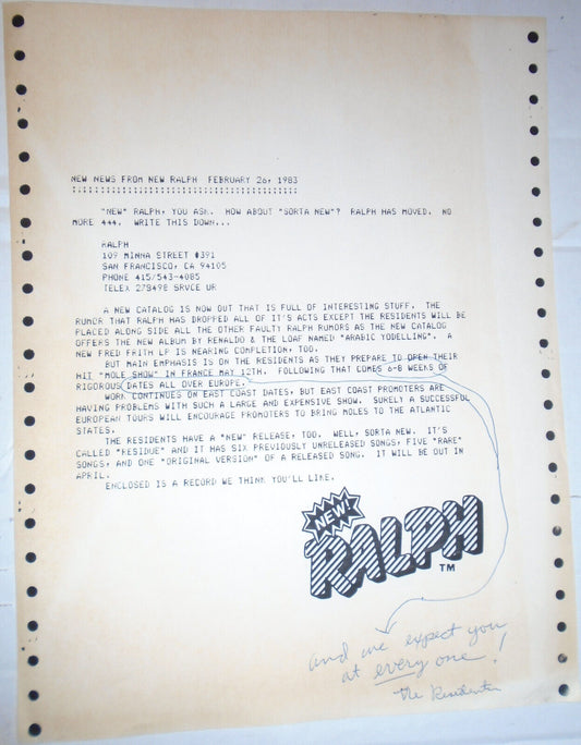 Hardy Fox inscribed press release, 1983 - SIGNED "The Residents"