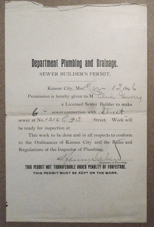 1896 Sewer Builder's Permit - Kansas City, MO - Department Plumbing & Drainage
