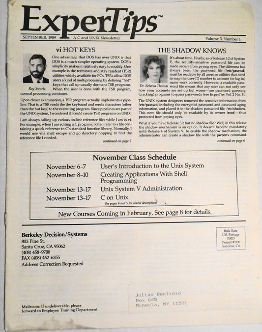 ExperTips, September 1989 -- A C and UNIX Newsletter - Vol. 3, No. 1