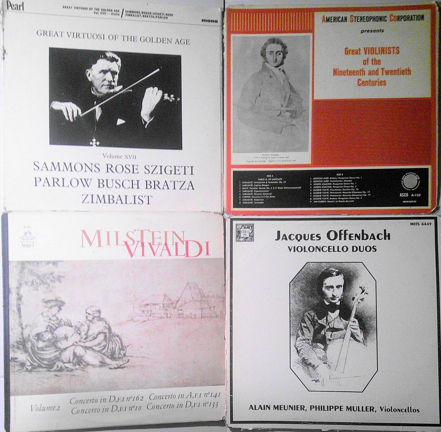 4 violin & cello vinyl LPs lot : Milstein, Szigeti, Meunier, de Sarasate, et al