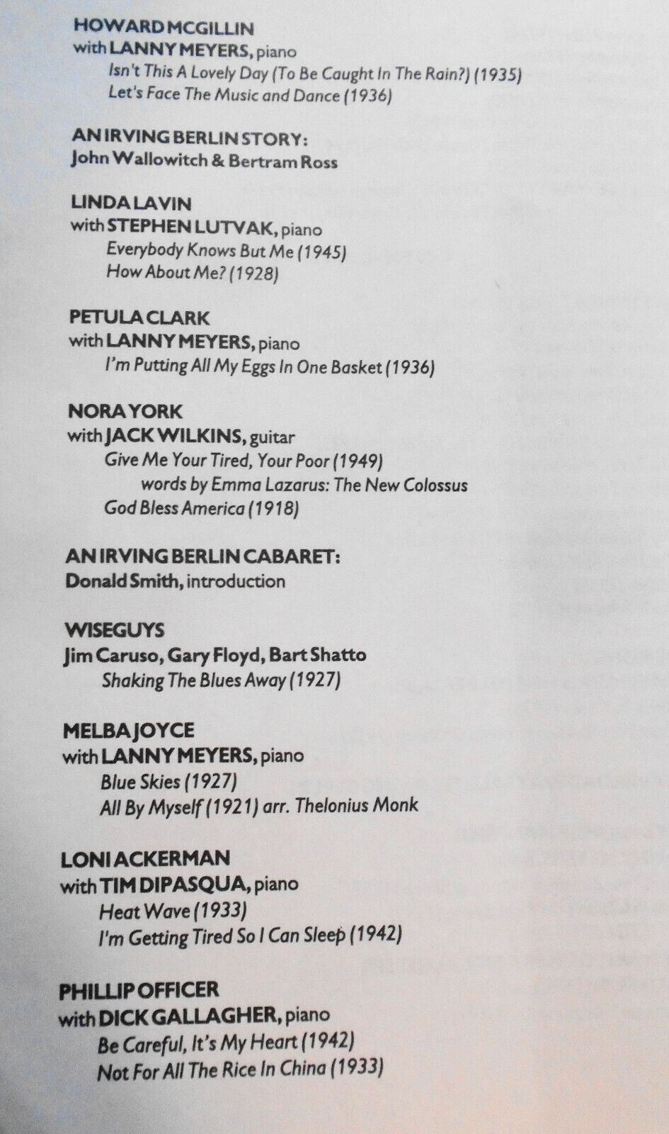 WALL TO WALL IRVING BERLIN - Program - March 19, 1994 - Symphony Space, NYC