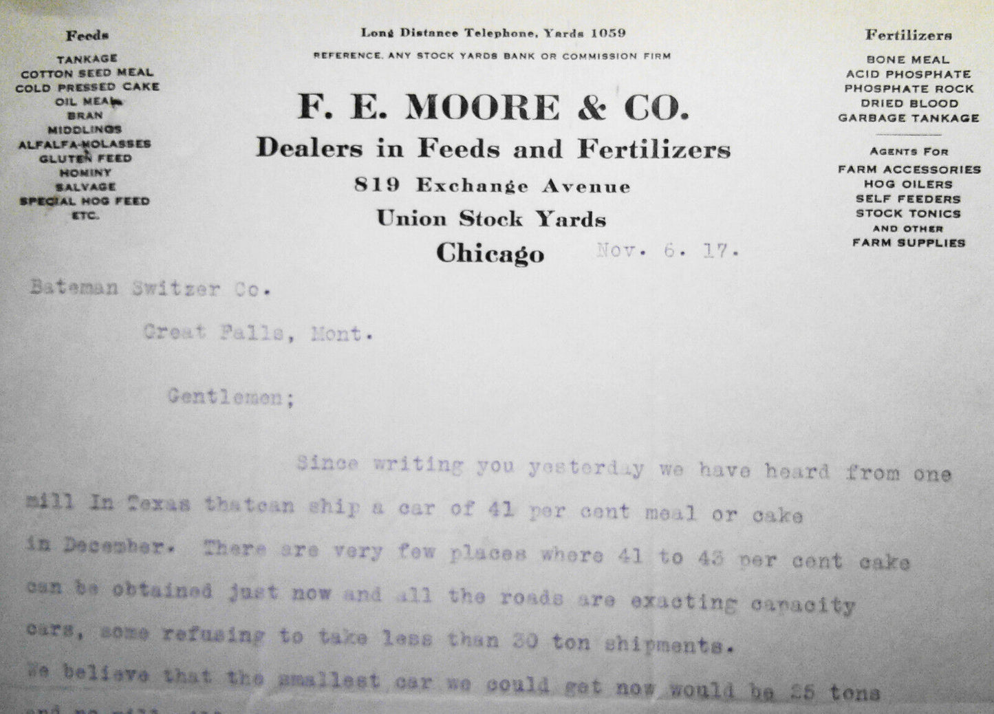 F. E. Moore & Co., Chicago, Dealers in Feeds & Fertilizers, Business Letter