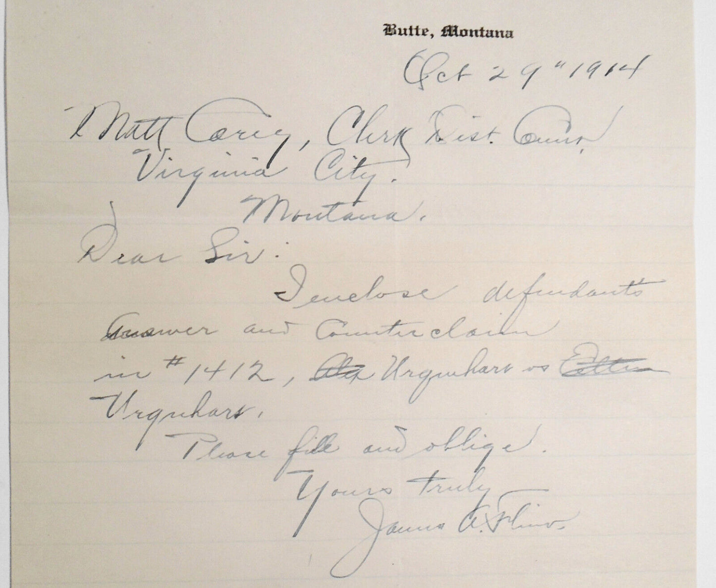 1914 - The Thornton Hotel. Butte, Montana - Original legal letter on note paper.