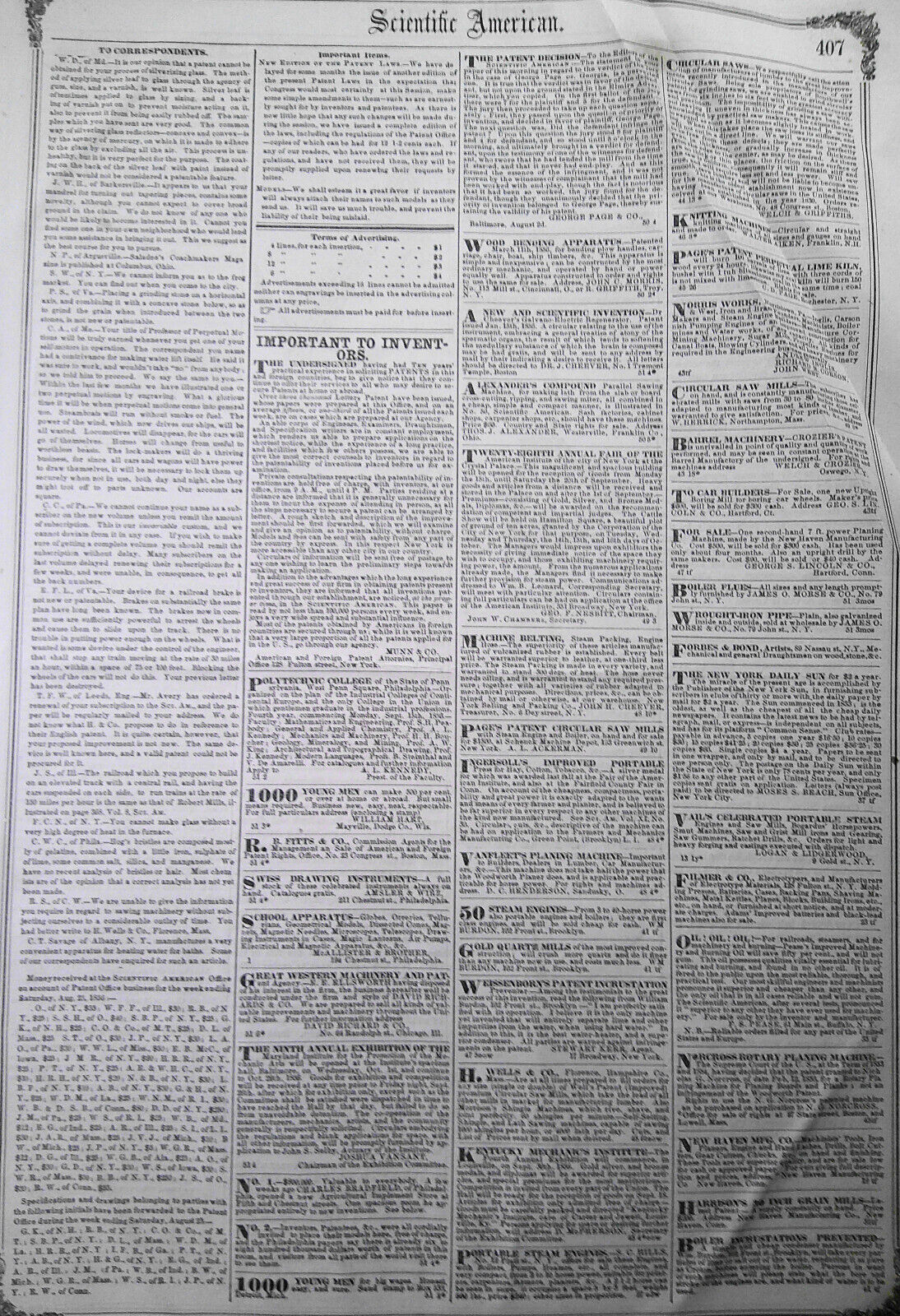 Scientific American, August 30, 1856. Michael Faraday on Silvering Glass; etc