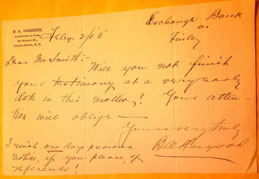 1905 letter - B. A. Hagood, Attorney at law, Charleston, South Carolina