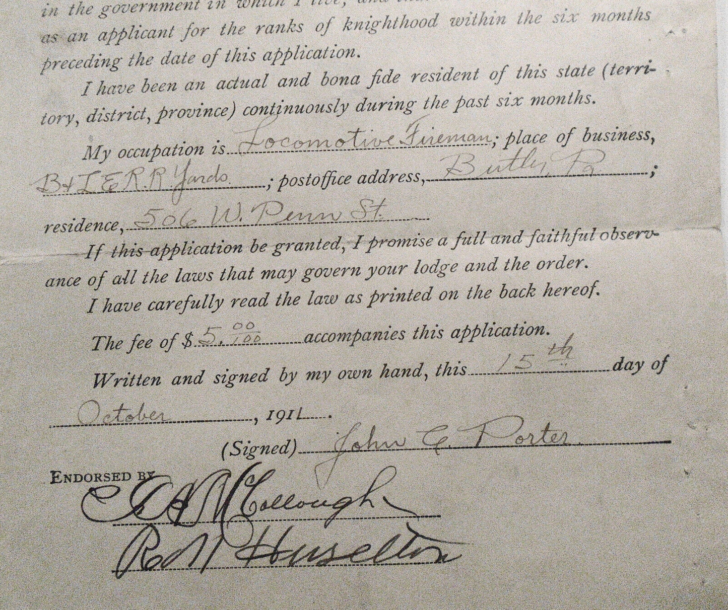 1911 Application for Ranks of Knighthood. Butler Lodge, Knights of Pythias, PA