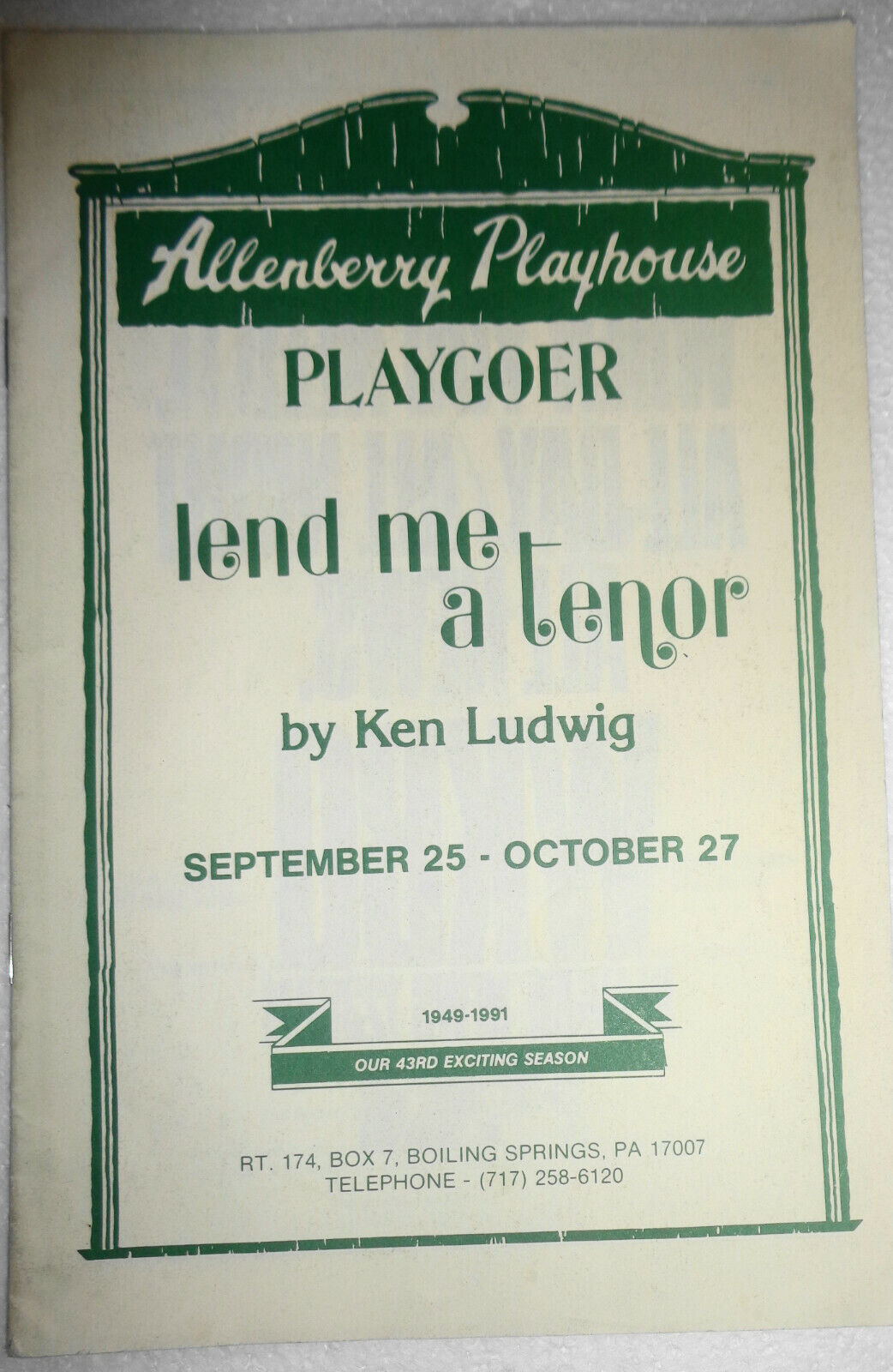 LEND ME A TENOR - Playgoer Theatre Program - PA: Allenberry Playhouse 1991