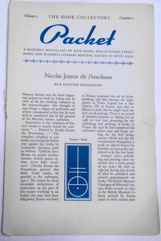 Book Collector's Packet October 1938. Nicolas Jenson; Bruce Rogers Open Letter..