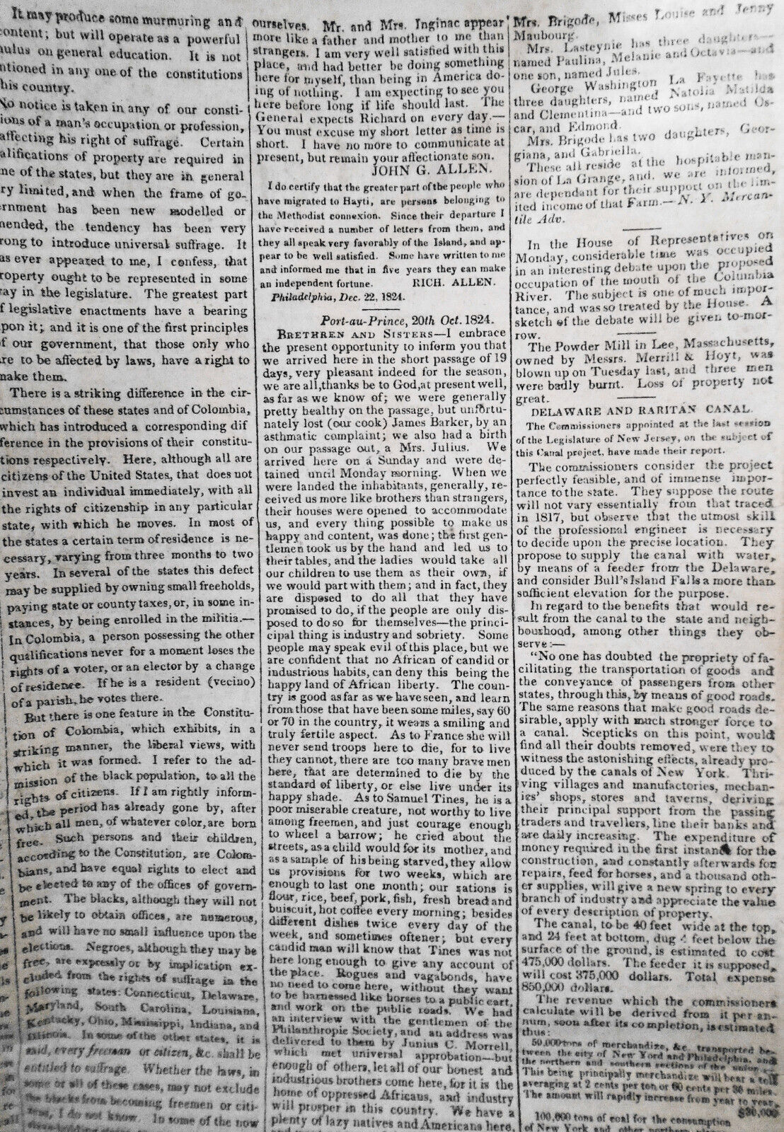 The United States Gazette December 23, 1824 - South Carolina laws re. Blacks etc